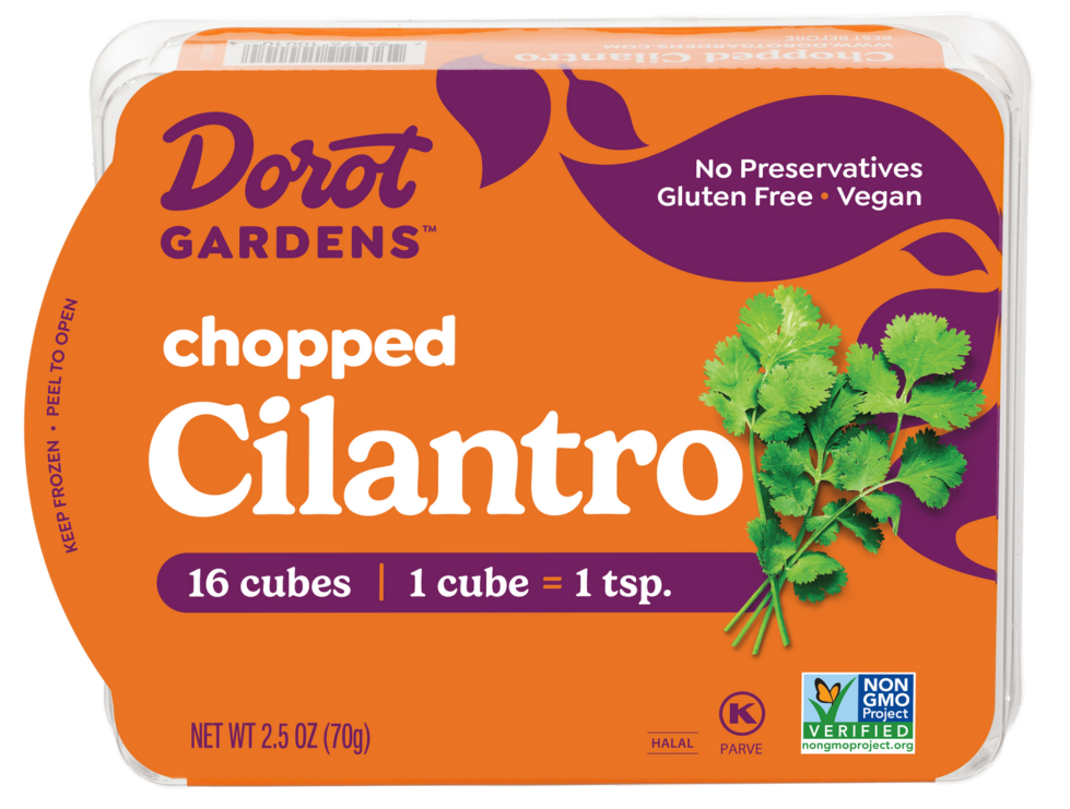 Dorot Gardens Chopped Cilantro package. Contains 16 frozen cubes, ready to use.
