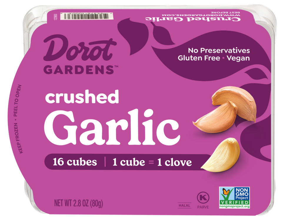Dorot Gardens crushed garlic product packaging.