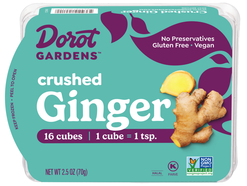 Dorot Gardens Crushed Ginger packaging. Convenient frozen ginger portions.