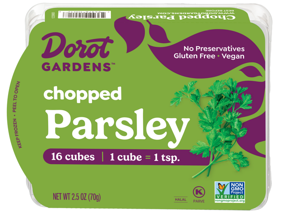 Dorot Gardens chopped parsley product packaging. Pre-portioned for easy cooking.