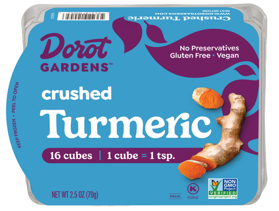 Dorot Gardens Crushed Turmeric package. Preservative-free, gluten-free, and vegan.