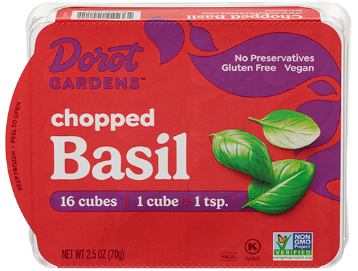 Dorot Gardens chopped Basil product packaging. Fresh, no preservatives, gluten-free, vegan.