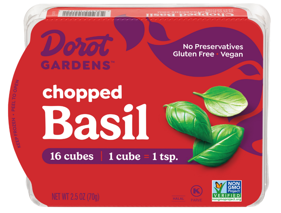 Dorot Gardens chopped Basil product packaging. Fresh, no preservatives, gluten-free, vegan.